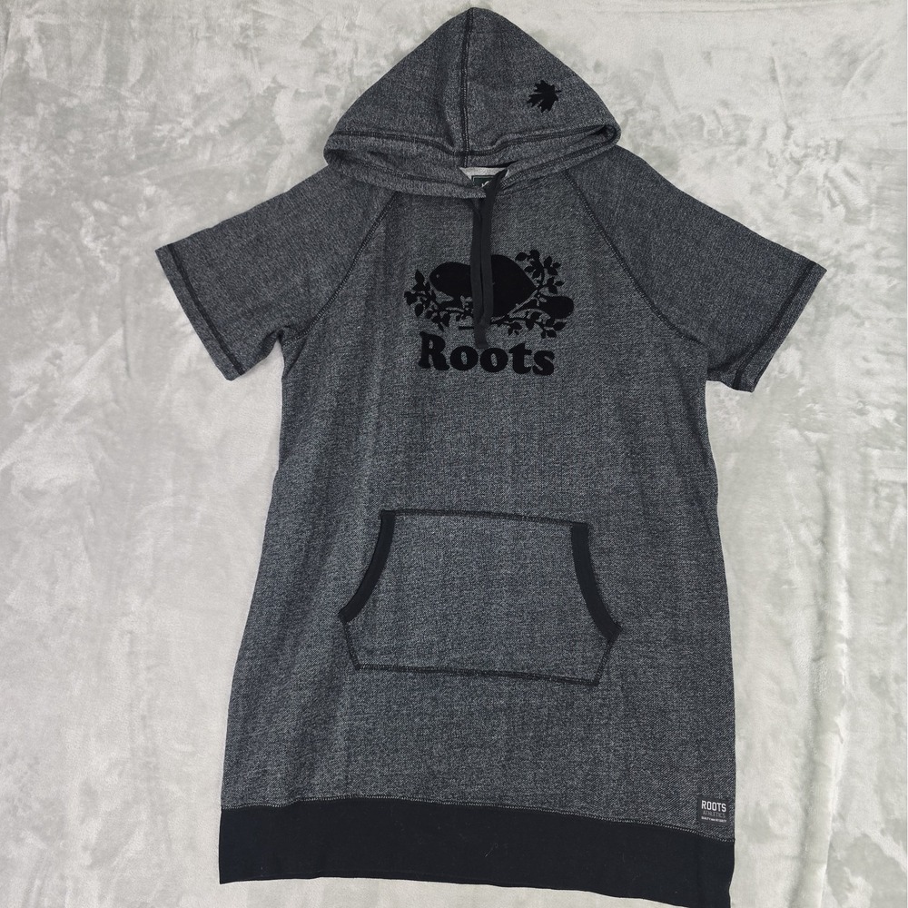Roots Canada Athleisure Womens Sweatshirt Dress XL Grey Logo Short Sleeve Sporty